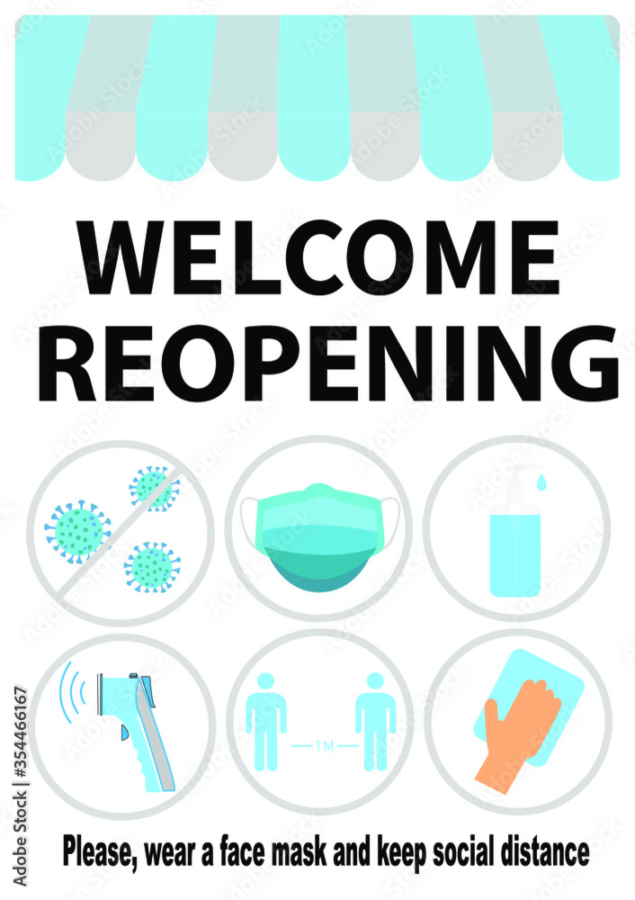 REOPENING text and practical prevention tips for the prevention of COVID19 coronavirus contamination. Service, restaurant, shop and cafe re-opening. Template: door sign, banner, blog.