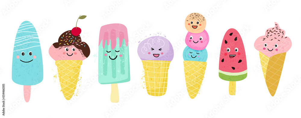 Set of kawaii ice cream. Cute hand drawn face emotions in cartoon flat  style Stock Vector | Adobe Stock