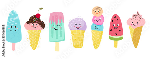 Set of kawaii ice cream. Cute hand drawn face emotions in cartoon flat style