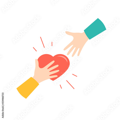Hand holding a heart flat icon vector Illustration isolated on white background. Heart passed from hand to hand. Cartoon style. Symbol of kindness and charity 