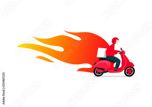 Delivery motorcycle scooter with fire. Fast delivery concept.