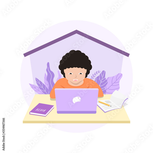 Distance learning solutions. Cute little boy using laptop for online education at home. Learn at home concept.