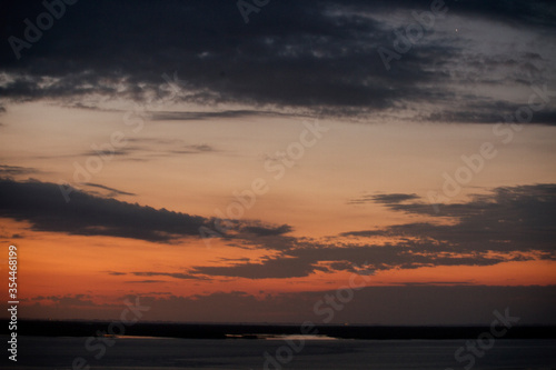 Cloudscape. Beautiful sunset in the Paraná river. Skyline. Panorama view of a dramatic sky and clouds. 