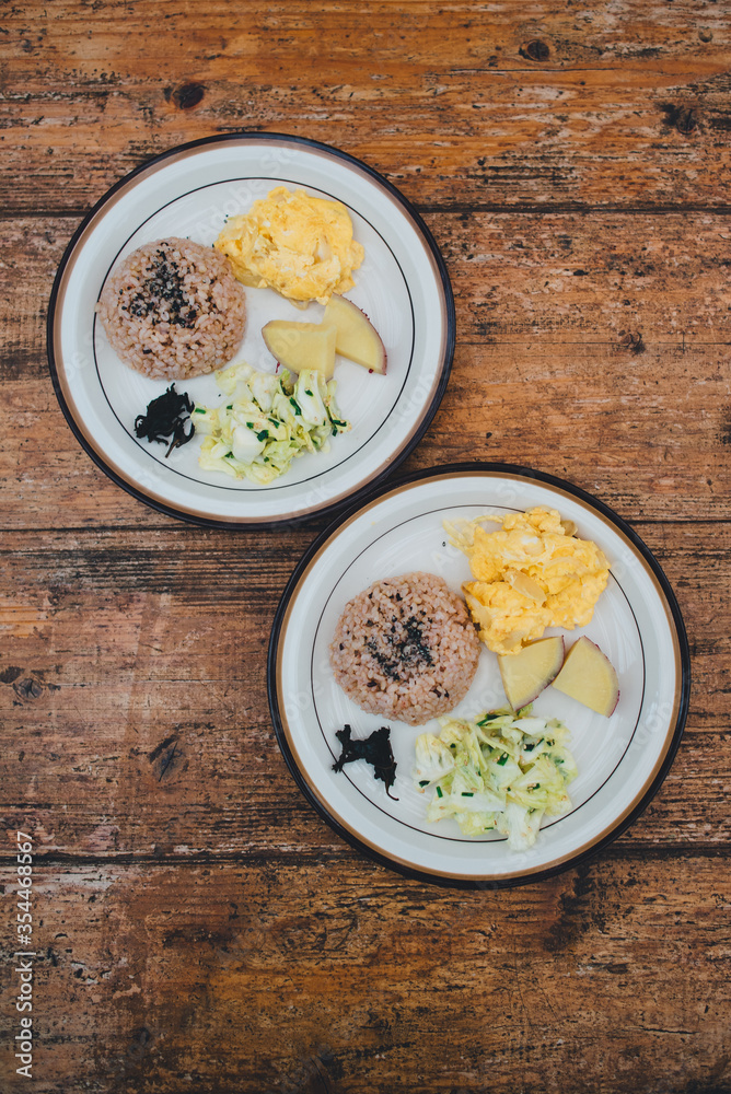 top down view of japanese style meal served on plate top down view of japanese style meal served on plate