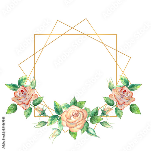 Gold geometric frame decorated with flowers. Peach roses, green leaves, open ...