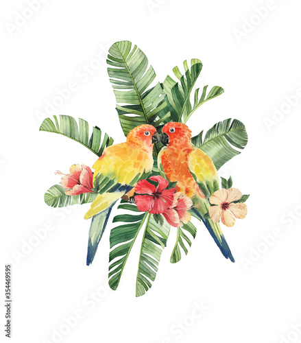 Fototapeta Naklejka Na Ścianę i Meble -  Print with beautiful watercolor parrots and tropical leaves. Tropics. Realistic tropical leaves. Tropical birds.