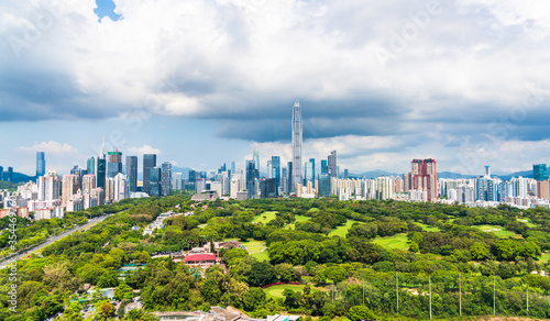 Skyline of high-rise urban skyline in Nanshan District, Shenzhen, China under clear sky