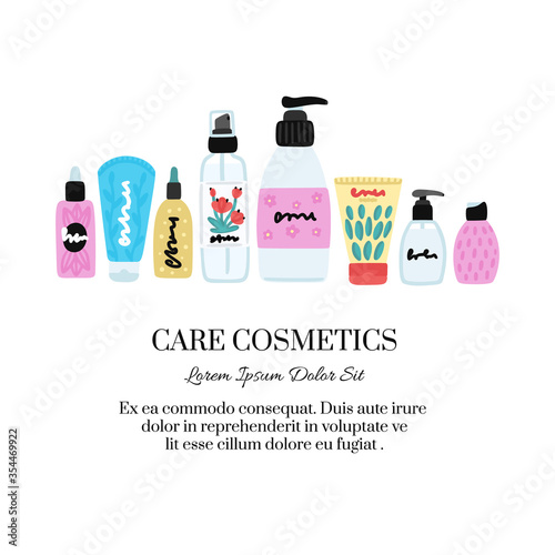 Vector cosmetic products. Natural cosmetics. Beauty care. Flat hand drawn elements is for advertising banner, post on social network, flyer, label, broshure, poster, website design for cosmetic store