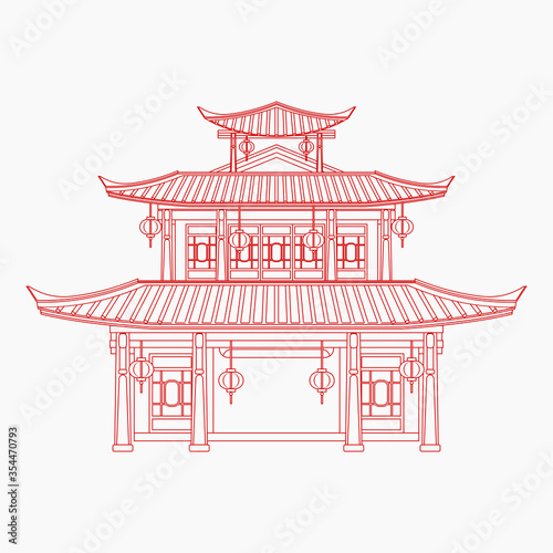 Editable Three Roofs Traditional Chinese Building Vector Illustration in Outline Style for Artwork Element of Oriental History and Culture Related Design