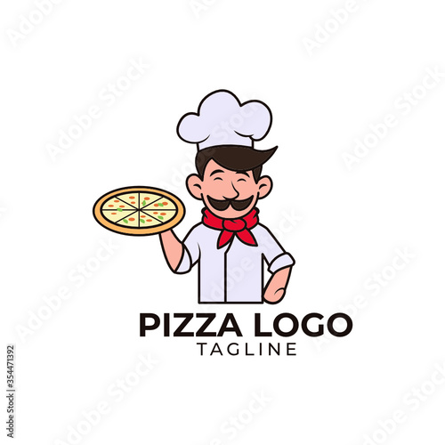 Simple minimalist flat design pizza chef mascot logo design vector template 