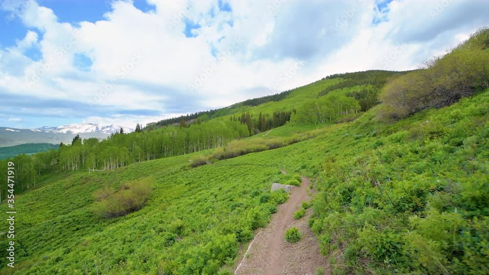 Handheld panning point of view pov walking hiking on Snodgrass trail path in Mount Crested Butte, Colorado in summer with open meadow field