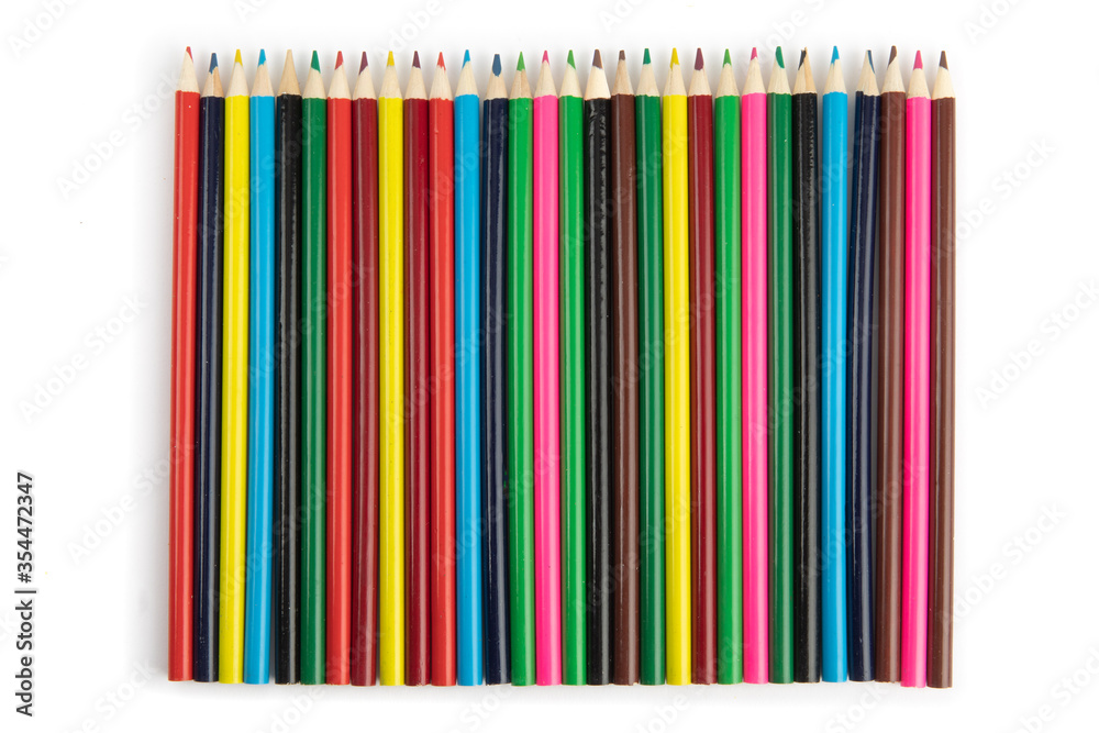 a row of sharp colored pencils viewed from overhead isolated on white
a row of sharp colored pencils viewed from overhead isolated on white