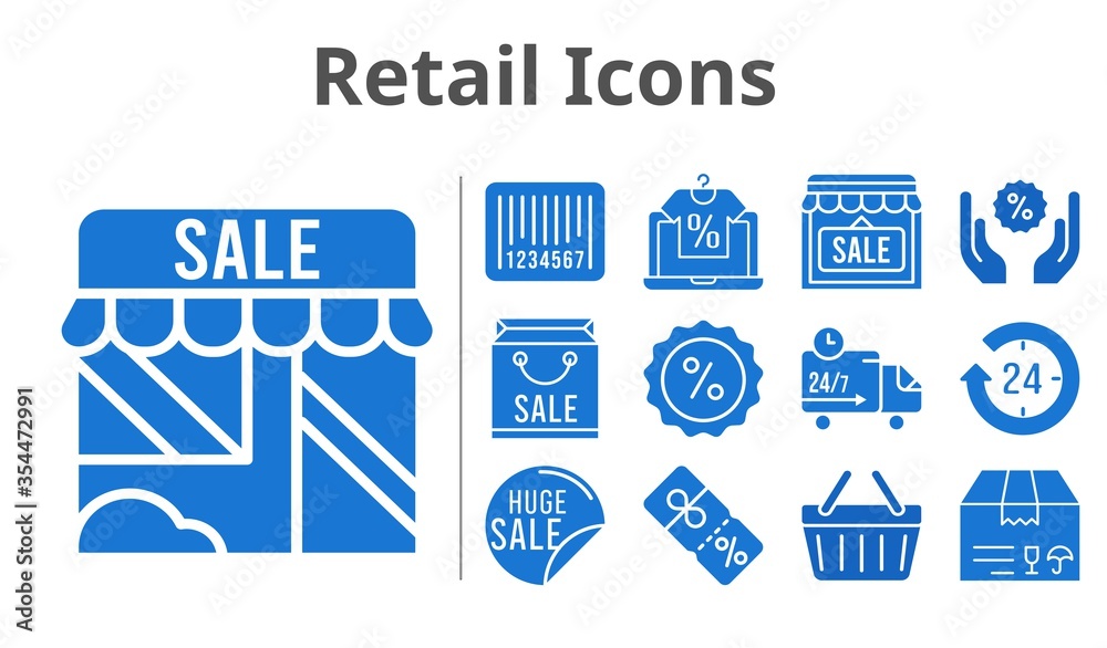retail icons set. included online shop, shopping bag, 24-hours, sale, package, shop, discount, shopping-basket, delivery truck, barcode icons. filled styles. retail icons set. included online shop, shopping bag, 24-hours, sale, package, shop, discount, shopping-basket, delivery truck, barcode icons. filled styles.