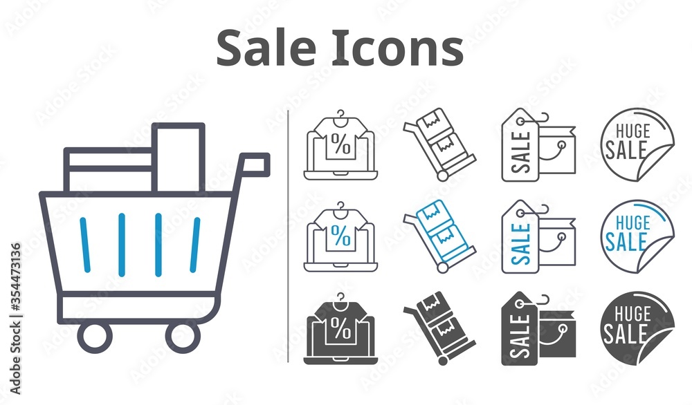sale icons icon set included online shop, shopping bag, sale, shopping cart, trolley icons