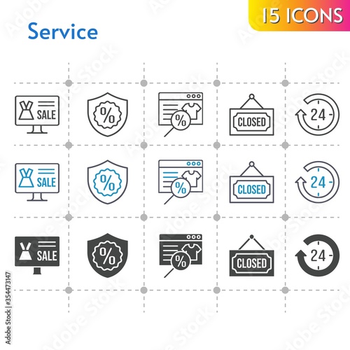 service icon set. included online shop, 24-hours, warranty, closed icons on white background. linear, bicolor, filled styles.