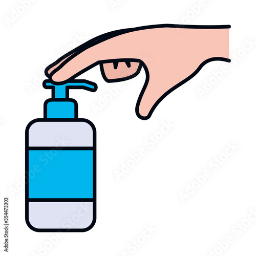 hand pushing a bottle of soap, line and fill style