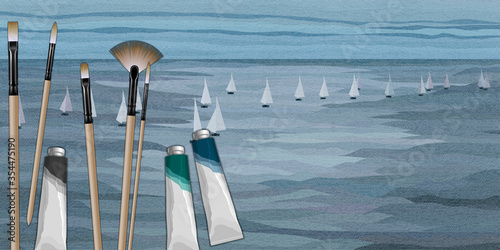 Several paintbrushes and paint tubes on nature landscape panoramic illustration
