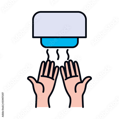 hands drying hands with a hand dryer, line and fill style