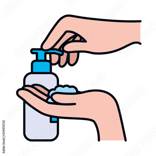 hands pushing a soap bottle icon, line and fill style