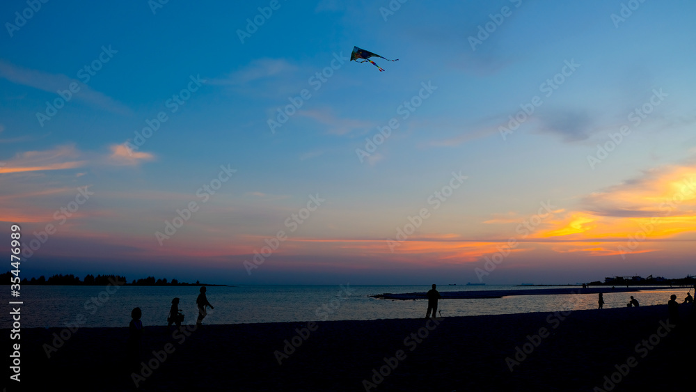 Silhouette of a man playing kite during sunset.