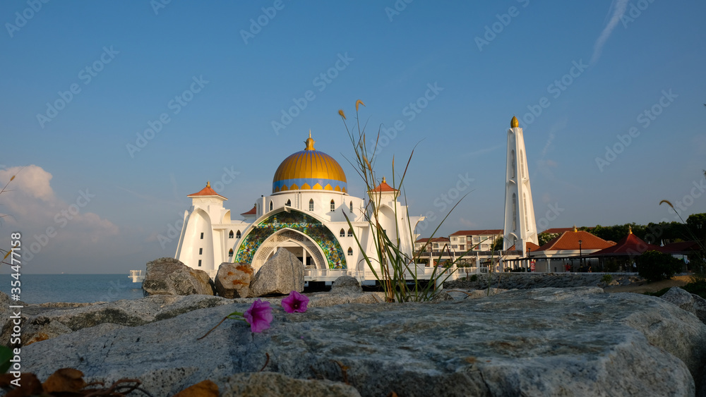 Beautiful Straits Mosque of Malacca with Blue Sky