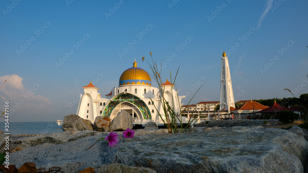 Beautiful Straits Mosque of Malacca during sunset.