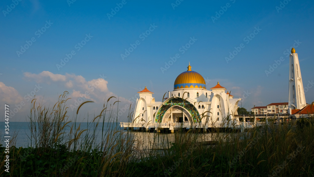 Beautiful Straits Mosque of Malacca during sunset.