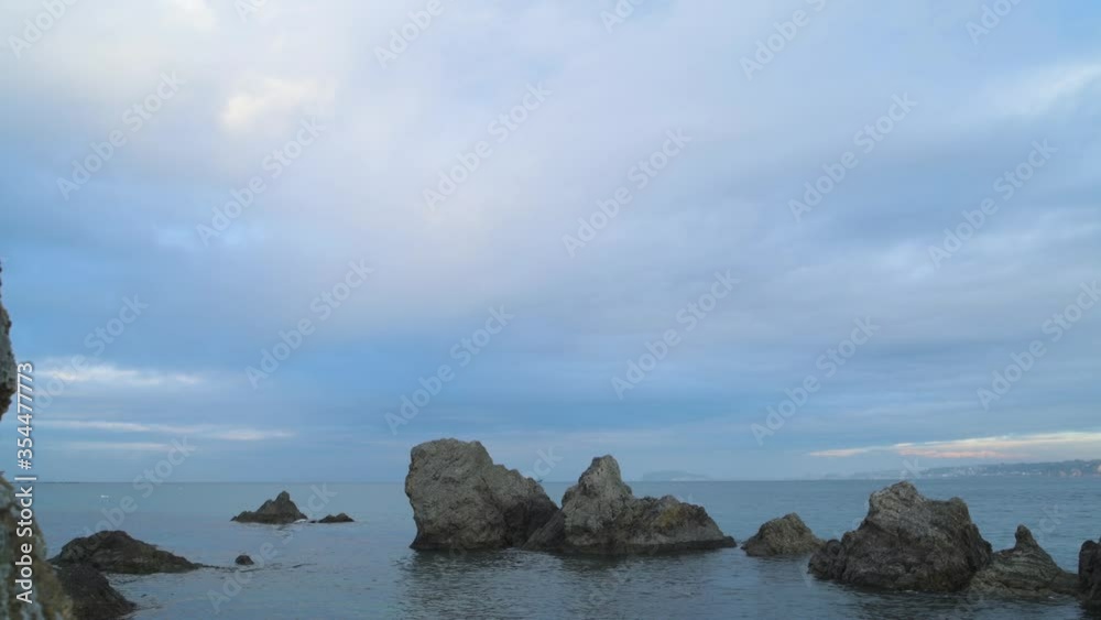 Sea stacks on a Winter cloudy morning at Morito beach, Kanagawa Prefecture, Japan