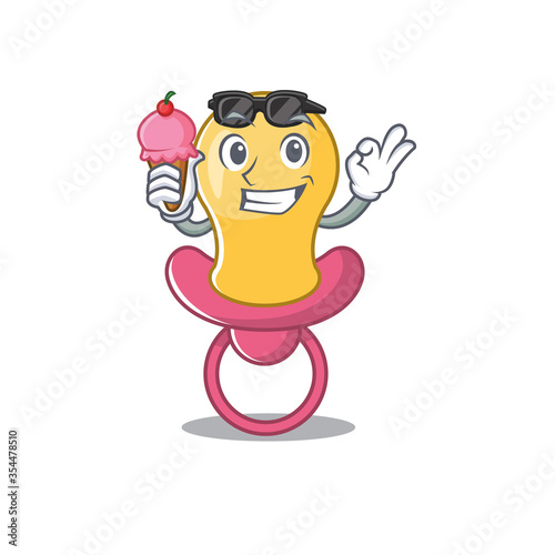 A cartoon drawing of baby pacifier holding cone ice cream