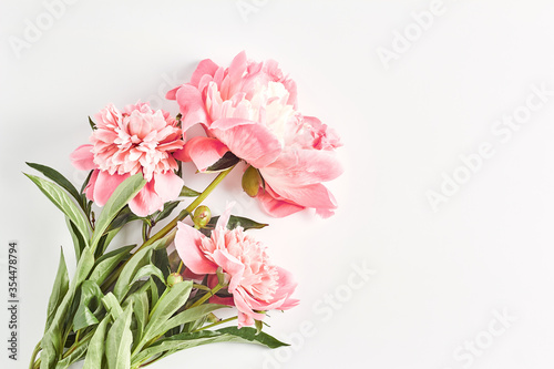 wedding concept. bouquet of peonies close-up on a white background. the layout of the summer Invitational. flat lay, top view © Marina Shvetsova