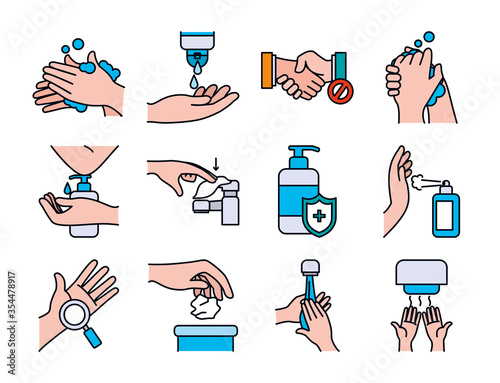 Hands and handswashing icon set, line and fill style photo