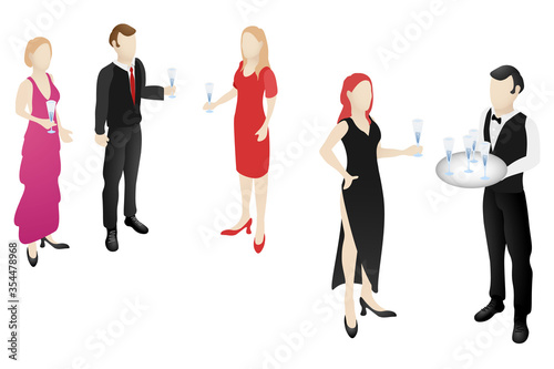2.5D, isometric elegant party people. Fine dressed males and females standing and holding a drink that waiter is serving. Isolated vector on transparent background.