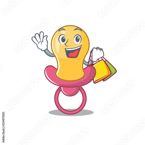wealthy baby pacifier cartoon character with shopping bags