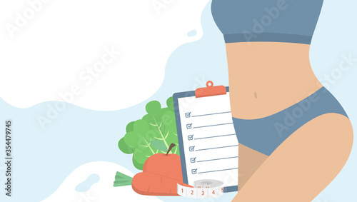 Healthy woman body with diet plan checklist on clipboard, measuring tape, fruits and vegetables. Healthy diet, weight loss and nutrition consultation concept. Flat vector illustration. Copy space.