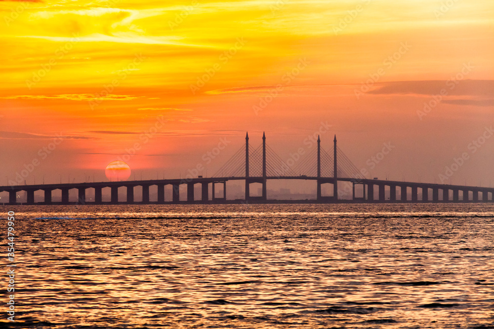 Penang Bridge view from the shore of George Town, Malaysia