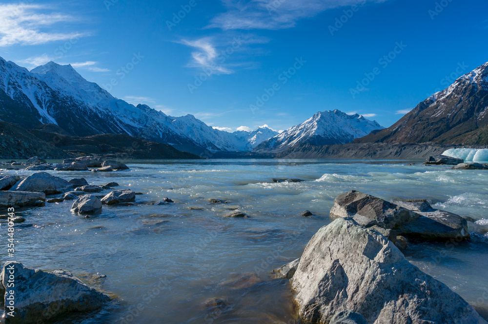 Winter mountain landscape with cold icy blue lake waters