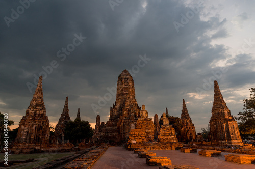 Old ruines of Wat Chai Wattanaram temple on sunset