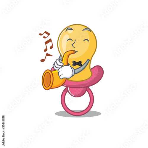 Baby pacifier musician of cartoon design playing a trumpet