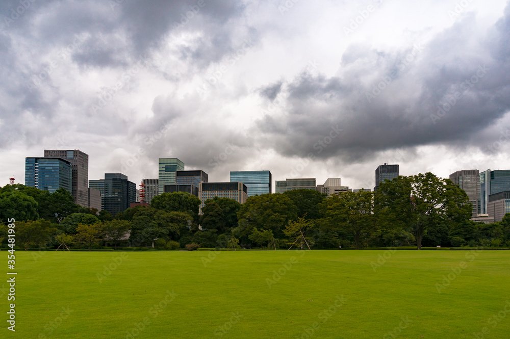 Large green empty park lawn with office building on the background Large green empty park lawn with office building on the background