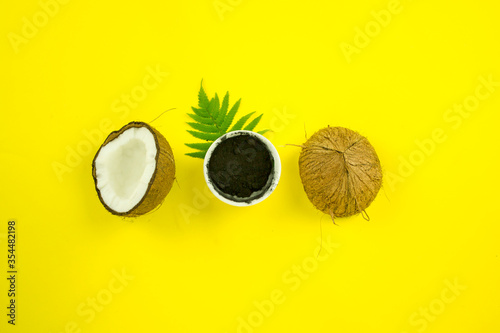coconut charcoal tooth powder, the concept of healthy teeth and dentistry, natural environmental products for oral hygiene