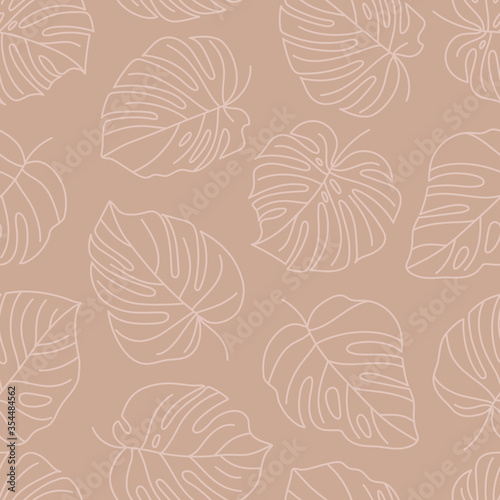 Tropical Monstera Leaves Seamless Pattern. Vector floral background in a trendy minimalistic linear style