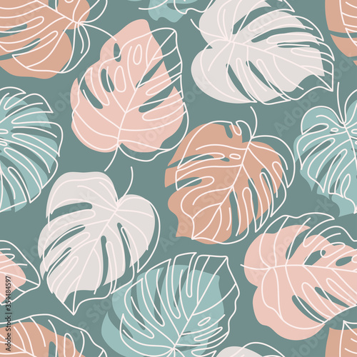 Tropical Monstera Leaves Seamless Pattern. Vector floral background in a trendy minimalistic linear style