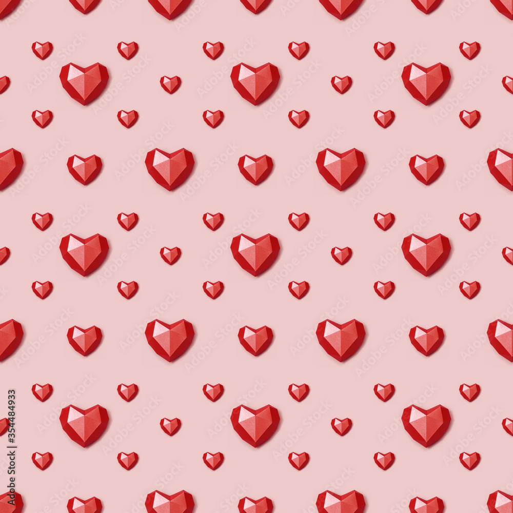 Seamless pattern with red polygonal paper heart on pink background. Wallpaper for Valentines Day. Love concept. Bright colors. Minimal style.