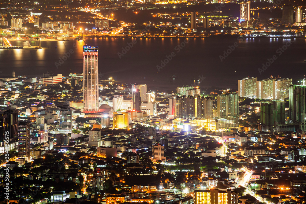 George Town city view from Penang Hill, Pulau Pinang Malaysia