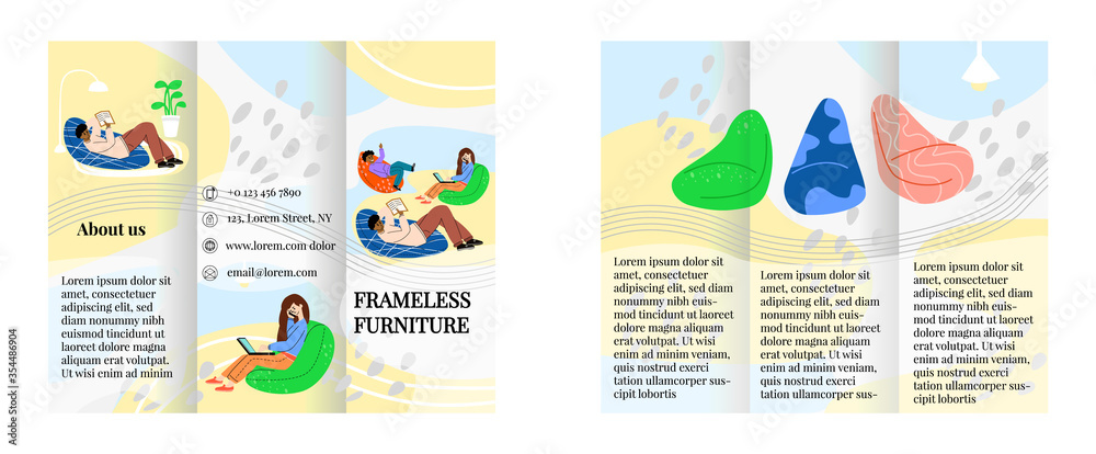 Vector flat illustration brochure template folded in three, both sides. It shows happy family on chairs, bags, padded stool, on abstract background. Concept of advertising frameless furniture.