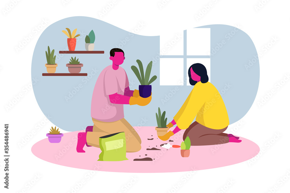 Obraz premium Men and Women Planting Some Flowers at Home, Work From Home Flat Illustration, Gardening Template