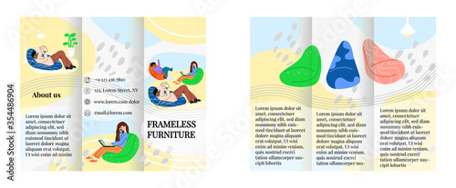 Vector flat illustration brochure template folded in three, both sides. It shows happy family on chairs, bags, padded stool, on abstract background. Concept of advertising frameless furniture.