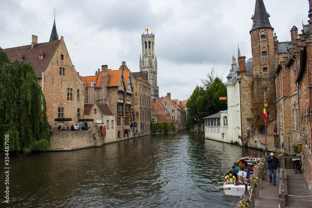 Sightseeing boat canal tour in Bruges, West Flanders province Belgium 