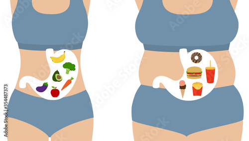 Healthy and unhealthy lifestyle. Comparison of slim woman with fruits and vegetables, fat woman with fast food. Diet choice, weight loss and nutrition concept. Flat vector illustration. Copy space.