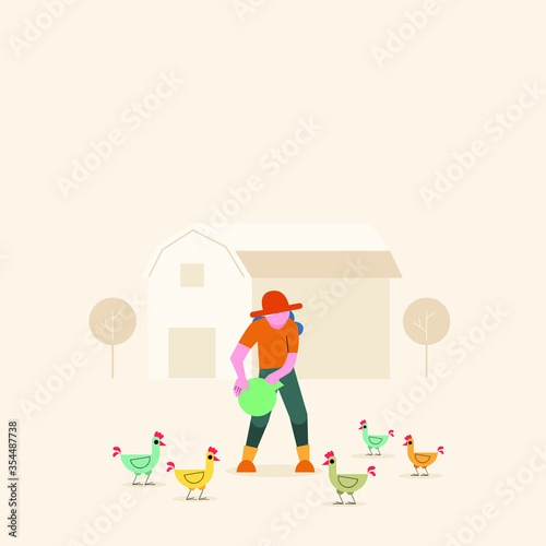 Farmer Girl feeding a hen vector illustration concept 